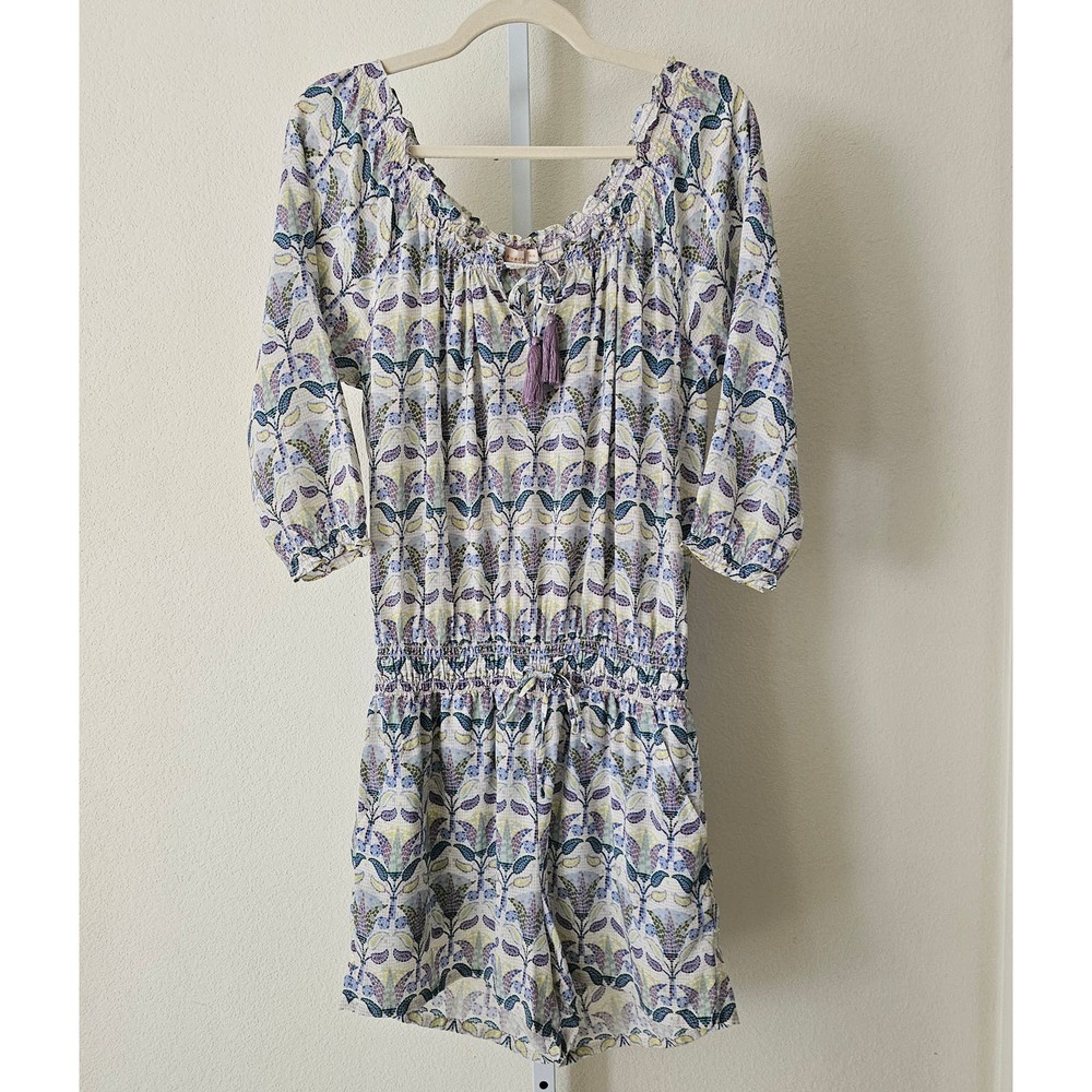 TORY BURCH Silk Mosaic Provence Pompeii Tassels/Smocked Off Shoulder Romper Sz M